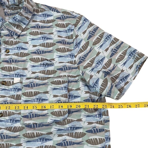 L.L. Bean Men's Large Blue Fish Print Short Sleeve Button-Down Shirt Ventilated - Picture 3 of 5